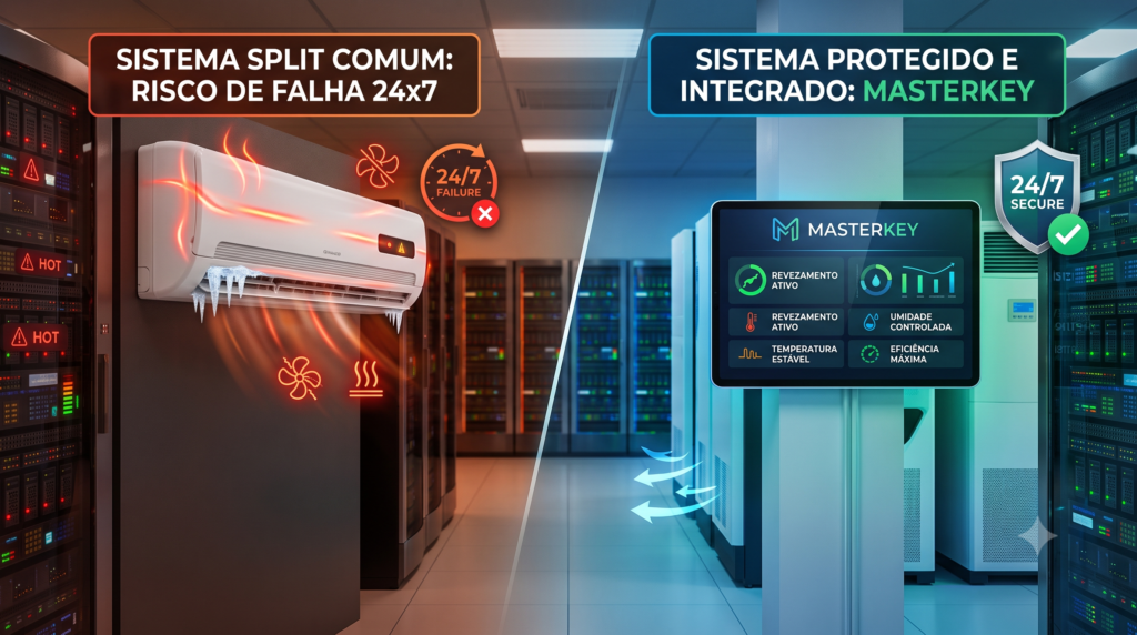 Infográfico de datacenter dividido: Lado esquerdo (SISTEMA SPLIT COMUM: RISCO DE FALHA 24x7) mostra refrigeração comercial com gelo e falha mecânica; Lado direito (SISTEMA PROTEGIDO E INTEGRADO: MASTERKEY) exibe um ambiente controlado por dashboard digital.